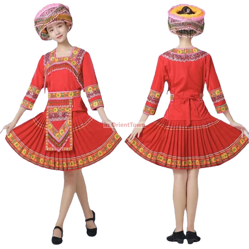 ชุดการแสดงบนเวทีเทศกาลภาพยนตร์โทรทัศน์ ชุดสตรีชนเผ่าฮอมสีแดง ชุดเต้นรำแบบดั้งเดิมของชาวเหมียว เครื่องแต่งกายชาติพันธุ์จีน