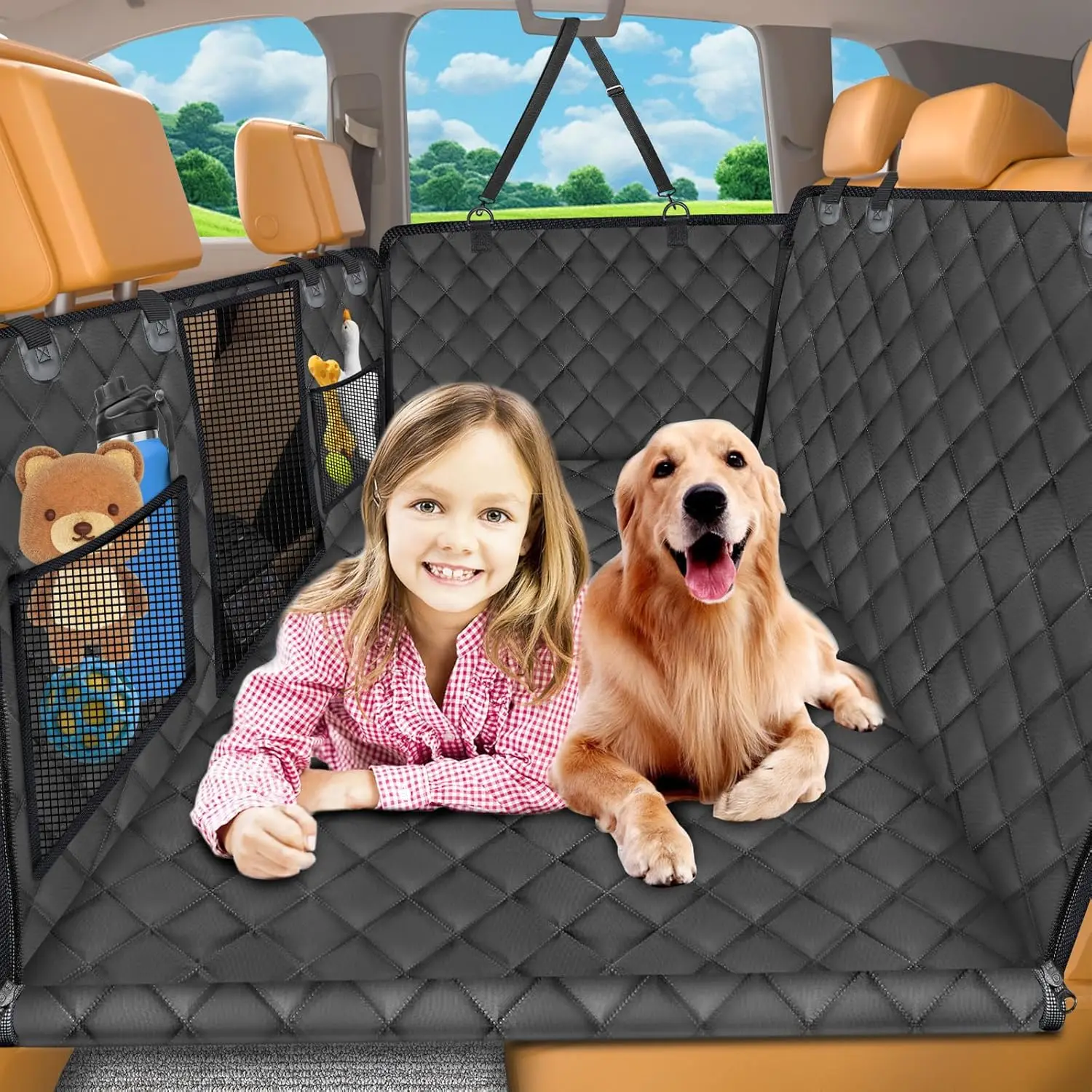 

Hard Bottom Dog Car Seat Cover with Mesh Window, Waterproof Hammock for Backseat Protection, Supports 550 lbs
