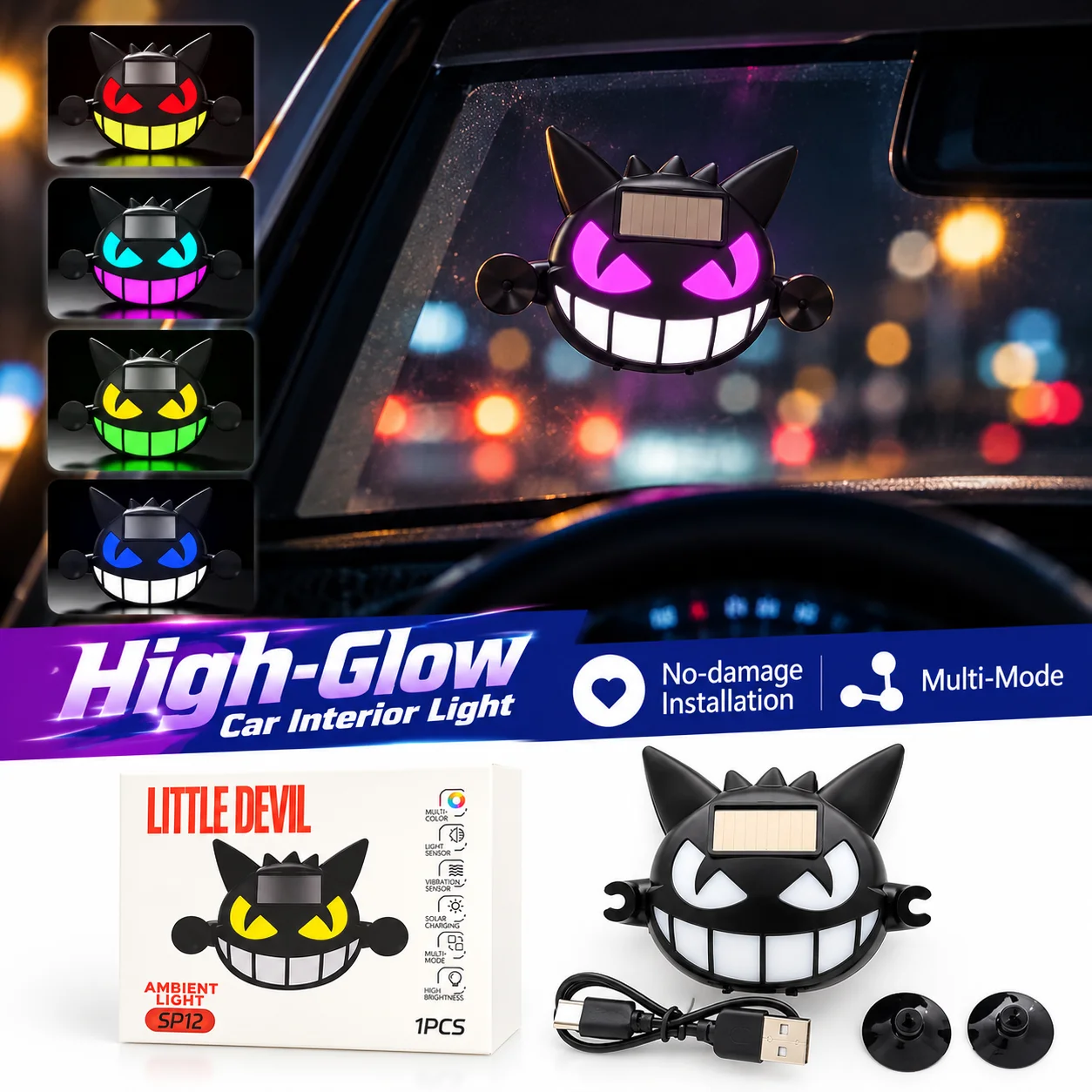 Little Devil's Eye Car Solar Triangle Window Rear Window Atmosphere Light Car Interior Wireless Wireless Charging Decoration
