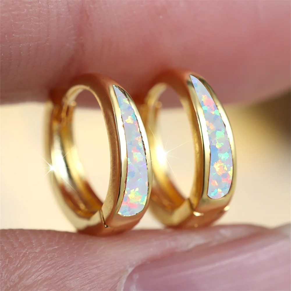 Blue White Green Purple Fire Opal Stone Round Hoop Earrings For Women Vintage Gold Color Wedding Jewelry Mother's Day Gifts