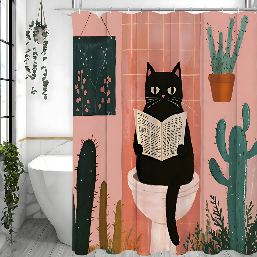 

Wall Fun Cat Shower Curtain, Cat Sitting on Toilet Bathroom Decorative Shower Curtain, Waterproof Shower Curtain with Hooks