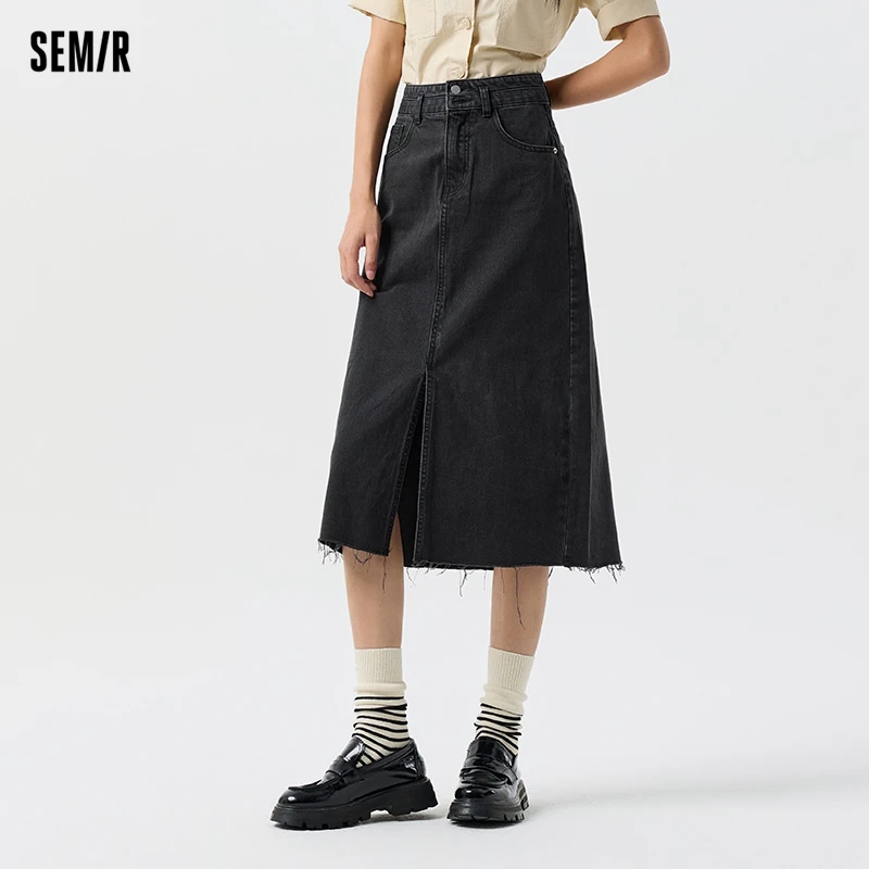 Semir 2024 Denim Skirt Women High Waist Raw Edge Retro Versatile 2024 Spring New Slim Slit A-Line Skirt Salt Series Skirts