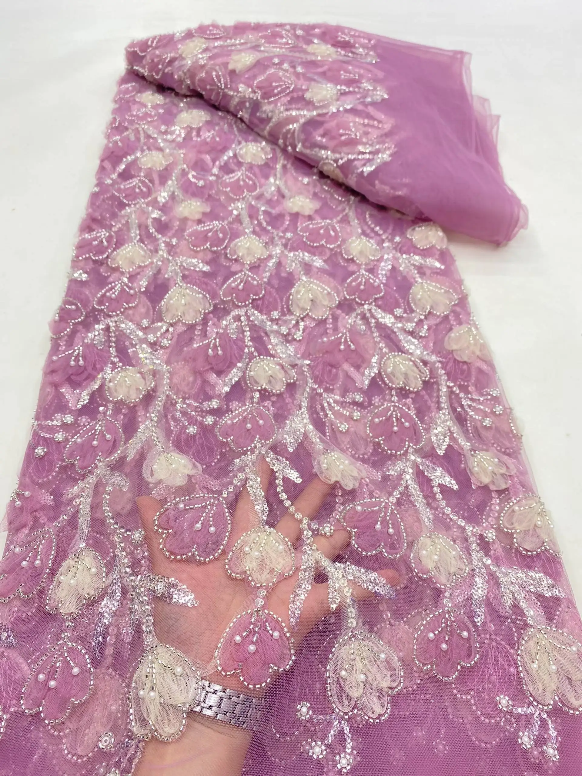 Tela de encaje africano con cuentas azules y flores 3D, tela de encaje francés con cuentas de tubo bordado de lentejuelas de lujo para boda, 2023