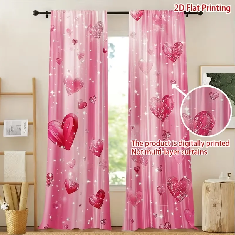 2PC Valentine's Glitter Pink Heart Curtains Romantic Digital Print Light Filtering Drapes for Bedroom Bathroom