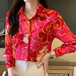 Women Spring Korean Loose Fashion Printing Chiffon Polo-Neck Long Sleeve Shirts Women Clothes Casual All-match Trend Sweet Tops