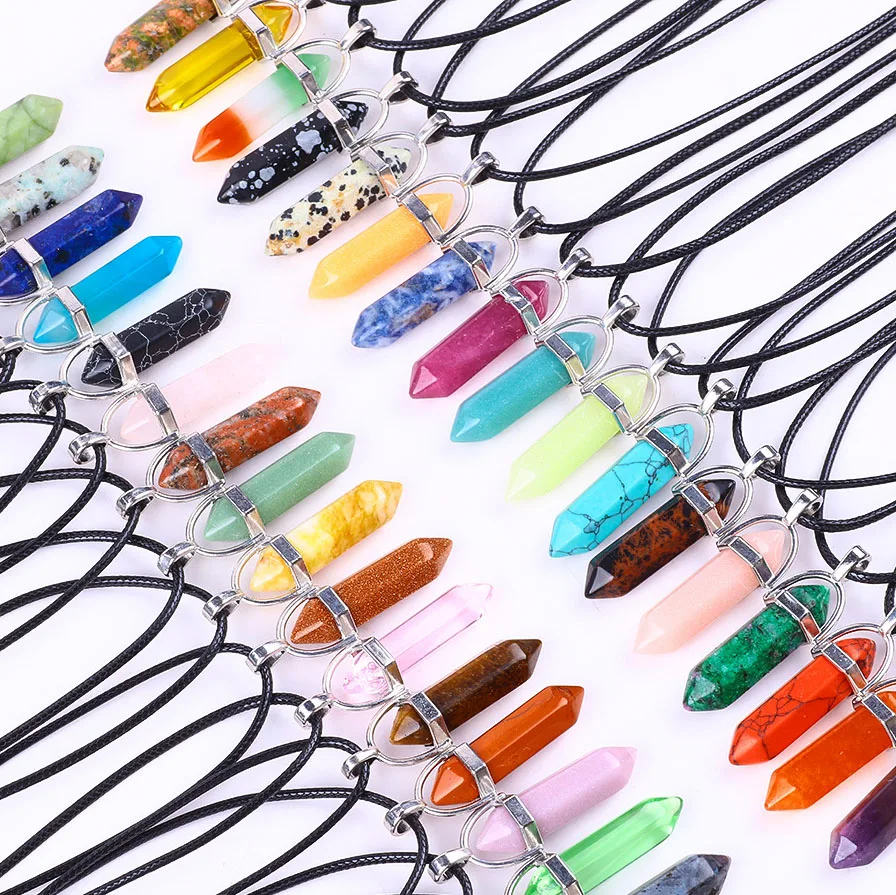 20pcs/ Bag Natural Stone Quartz Hexagonal Agate Bullet Pendulum Crystal Amethyst Pendant Necklace for Women and Men Pendant