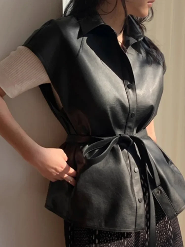 Retro Collar Leather Vest Women'S Autumn And Winter Single Breasted Lace Up Waist Slimming Loose Vest Jacket