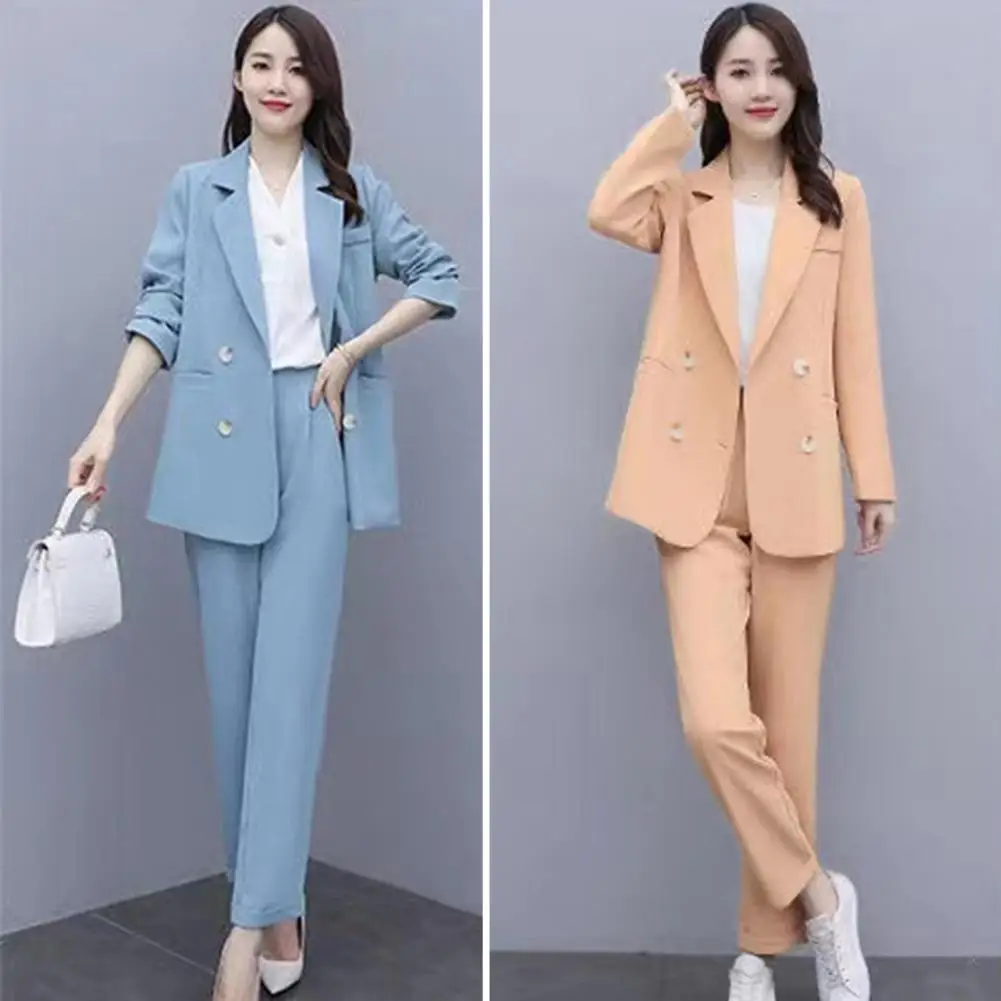 Women Formal Office Attire Set Elegant Women's Business Suit Set with Double-breasted Coat High Waist Pants for Formal Office