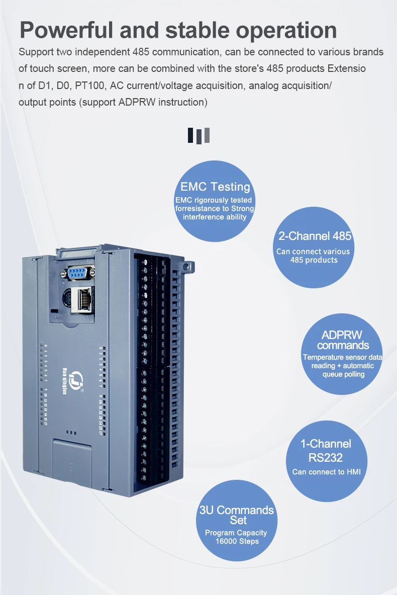 Huaqingjun 16DI 16DO Transistor Output PLC LAN RS485 232 2AI 2AO 0-10V 0-20mA Ladder Diagram Modbus Analog PLC for IoT System