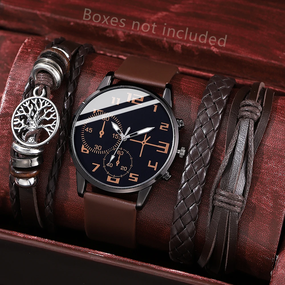 

4PCS Brown Men's Watch Set Casual Business Quartz Watch Bracelet Jewelry Set Suitable for Daily Clothing Matching