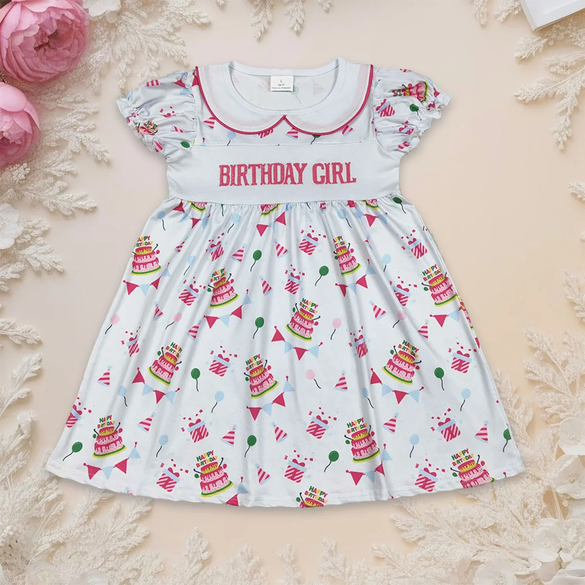 

Baby Girl Short Sleeve Embroidery Birthday Girl Gift Princess Dress Breathable Clothing Collar Knee Length Dresses Clothes