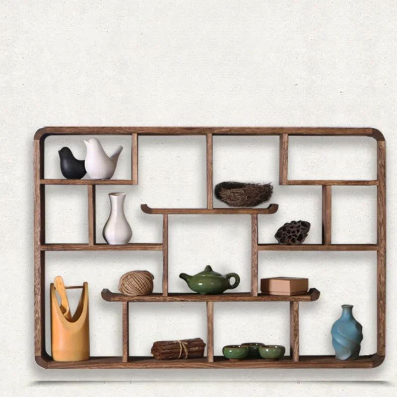 Solid Wood Antique Rack Wall Hanger Modern Simple Tea Set Storage Hanging Indoor Partition Wood Display Rack