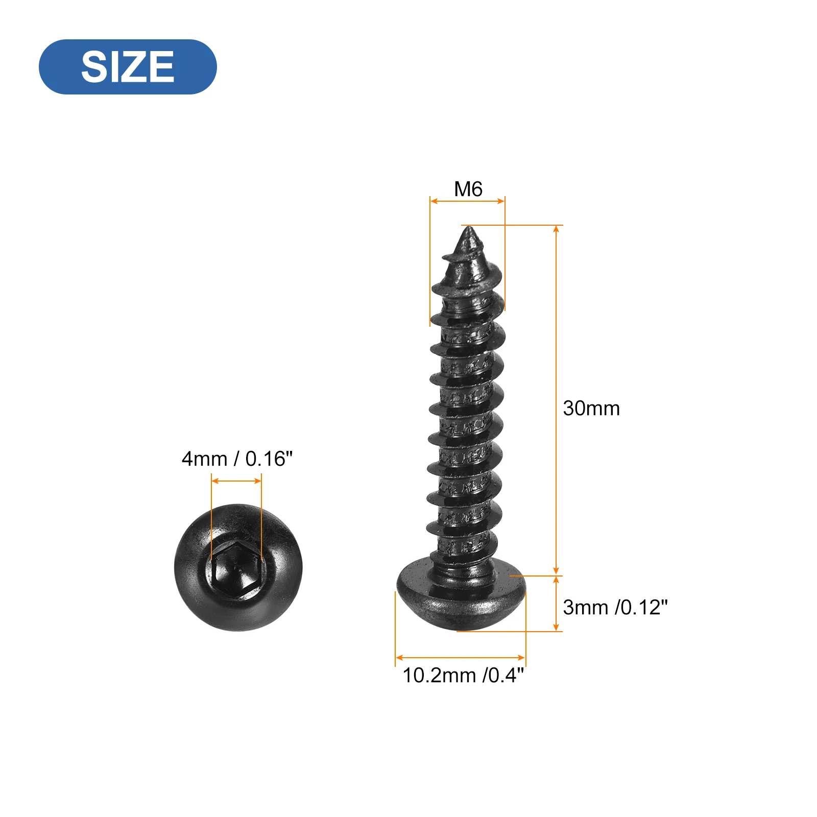 50/100/200Pcs Hex Socket Self Tapping Screws Carbon Steel Wood Resistance Self-Tapping Screws Fastener Black M6 Thread 30mm 40mm