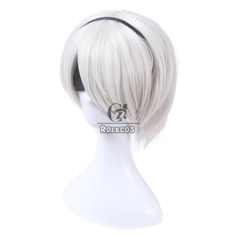 Rolecos Nier: Automata 2b Yorha Nr. 2 Heldin Cosplay Pruiken 30Cm Vrouwen Kort Zilver Wit Cos Pruik Hittebestendig Synthetisch Haar