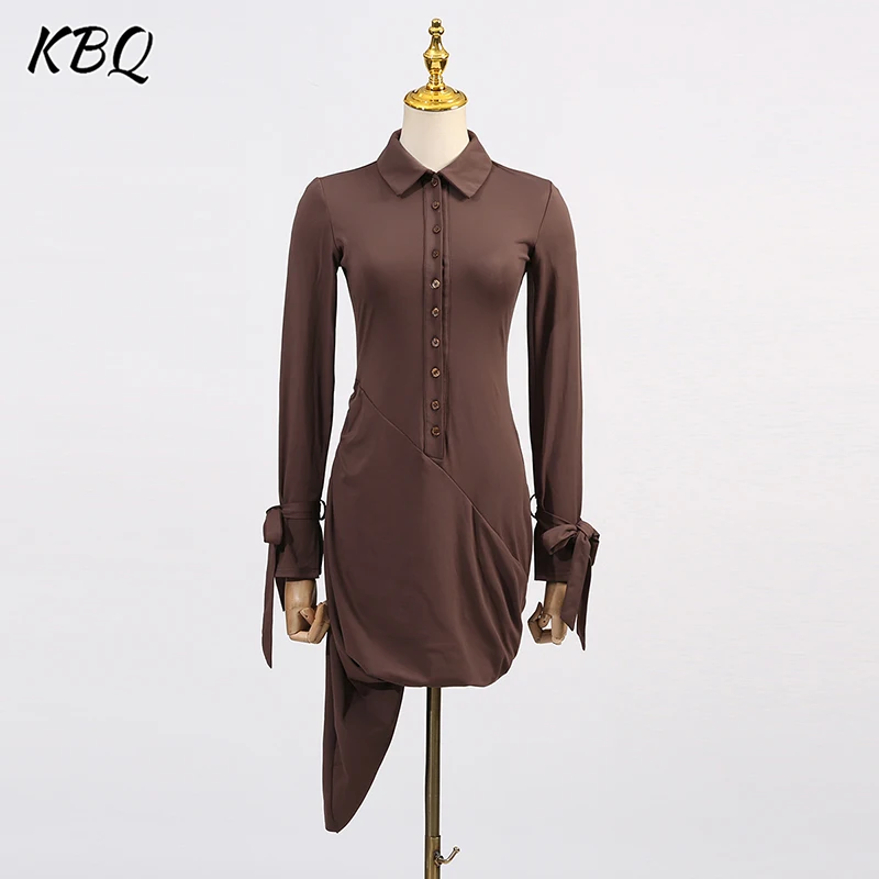 

KBQ Solid Spliced Button Slimming Dresses for Women Lapel Long Sleeve High Waist Temperament Irregular Hem Dress Female Style
