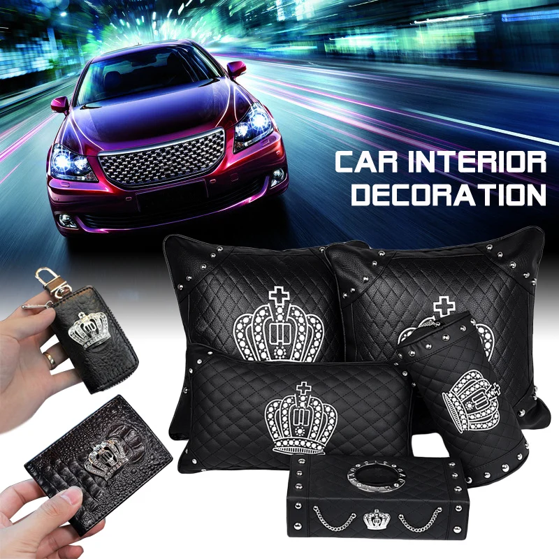 Microfiber Leather Car Steering Wheel Cover Luxury Diamond Crown Series Car Accessories Tissue Box Key Case Auto Interior Unisex