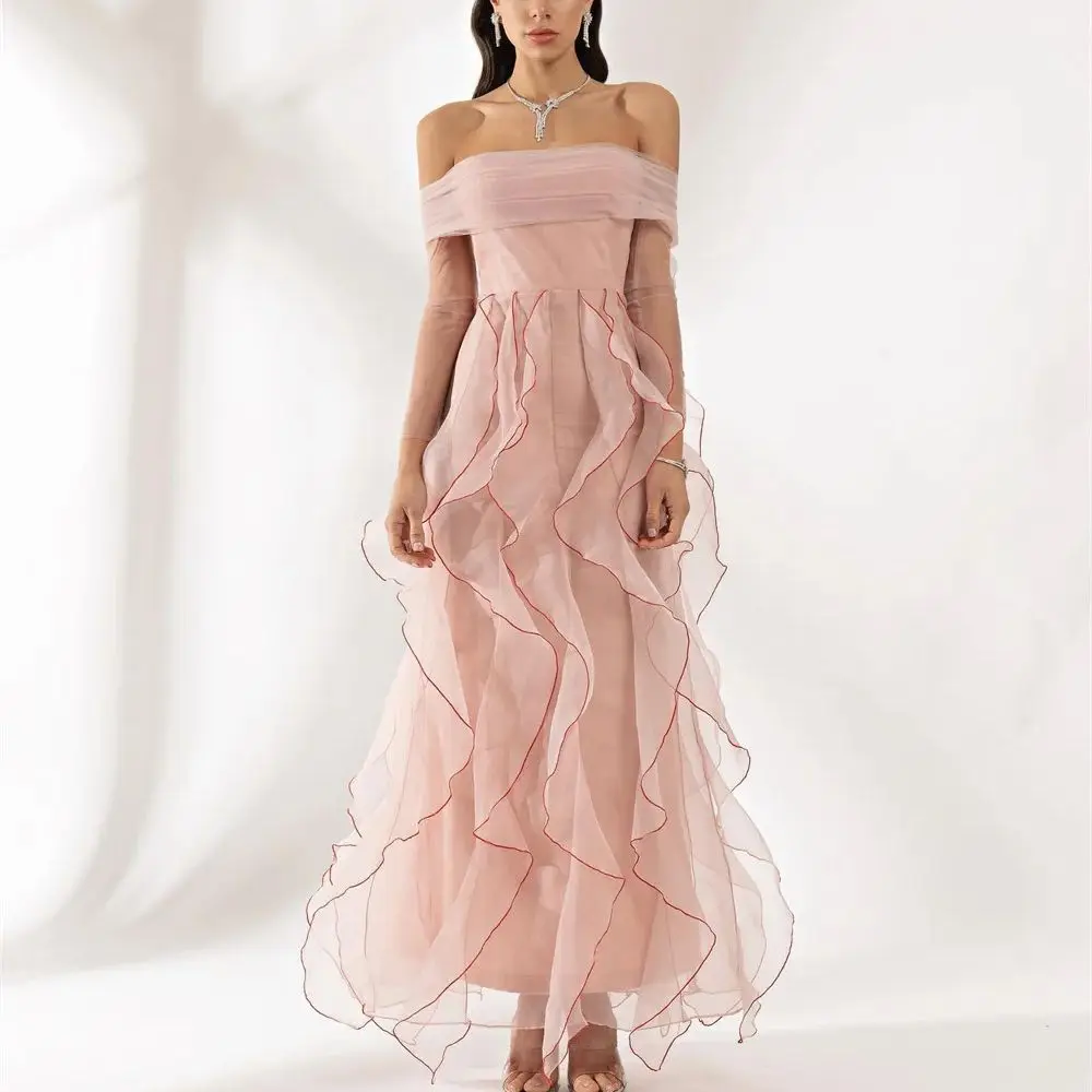 

Off the Shoulder Ruffle Prom Gown A-line Illusion Long Sleeves Evening Dresses Contoured Party Dress فساتين للحفلات الراقصة