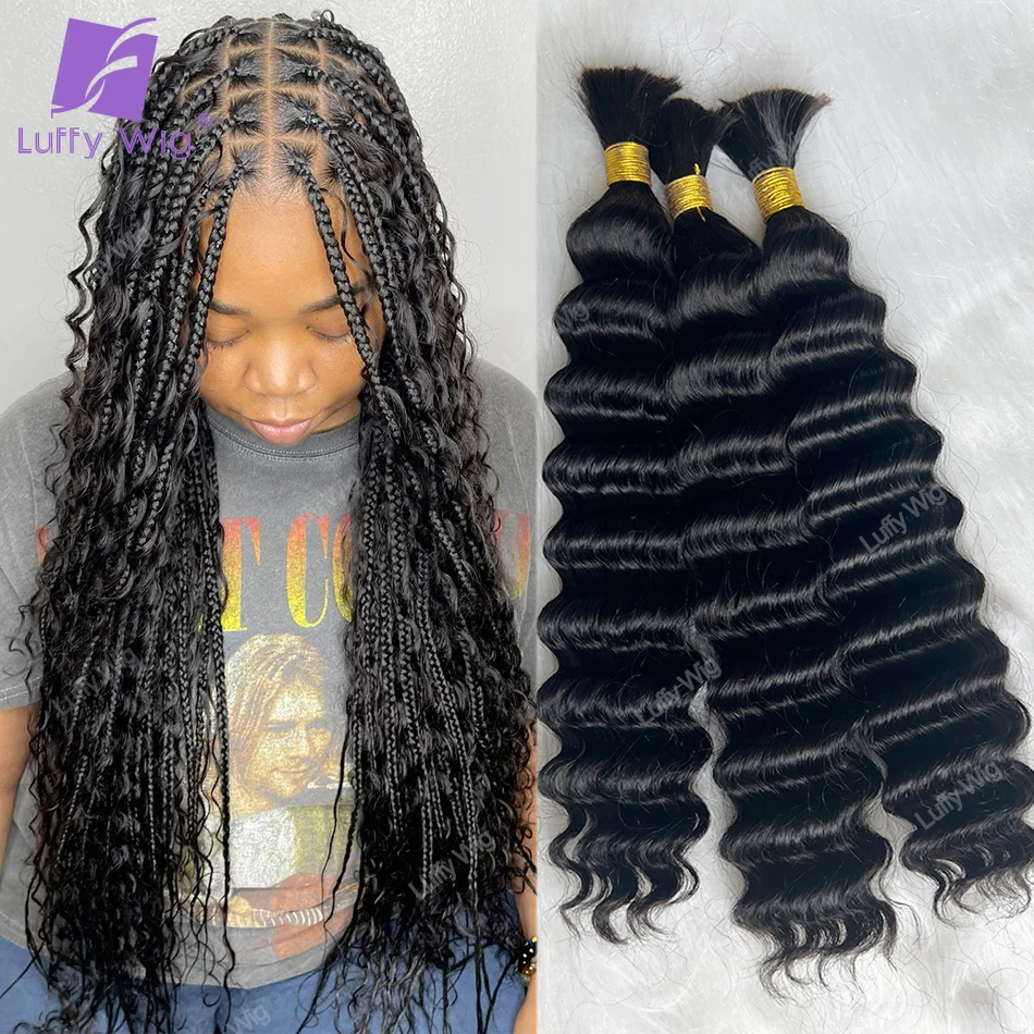 

Double Drawn Human Hair Bulk For Braiding Deep Wave Burmese Remy Hair Extensions Curly No Weft Braids Hair For Black Women Luffy