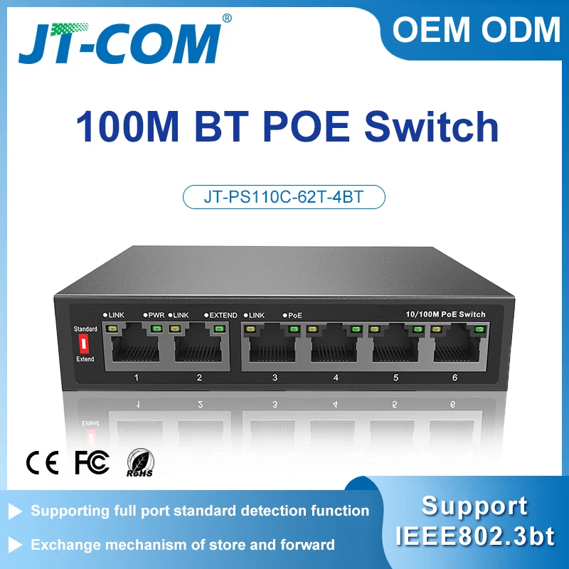 Unmanaged BT PoE switch with 2*10/100M RJ45 ports and 4*10/100M PoE ports