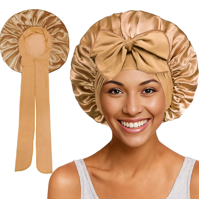 Satin round Hat with Elastic Ribbon Solid-Color Faux Silk Wide Brim Headscarf Sleep Cap Comfortable Nighttime Hair Retention