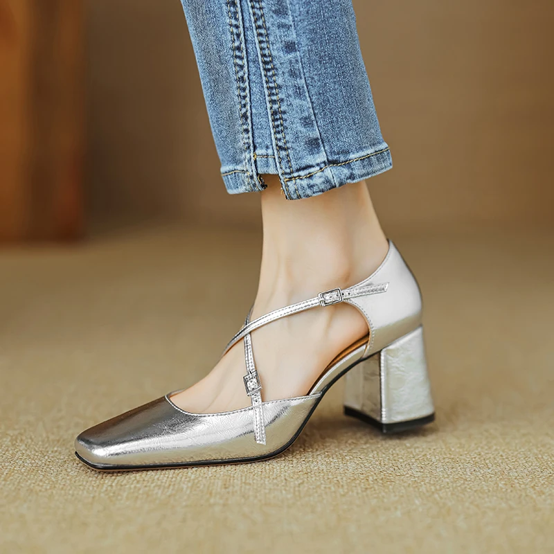 

Women Pumps 6 cm Mary Jane Shoes French Style Patent Leather Sandals Buckle Spring Atumn Pumps Square Toe Lady Shoes