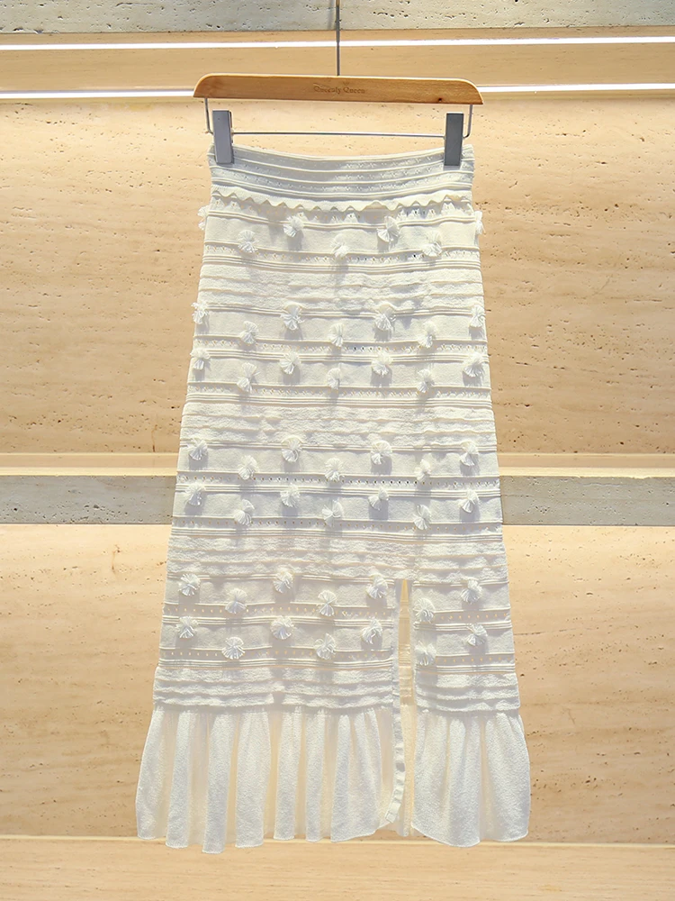 

SIVOS High-End Women's Hollow out Embroidery Split Knitted Wrap around Skirt Commute Sle High Waist A-Line Midi Skirt