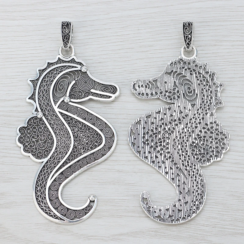 2 x Tibetan Silver Large Sea Horse Seahorse Hippocampus Charms Pendants For Necklace Jewelry Making Findings 86x48mm