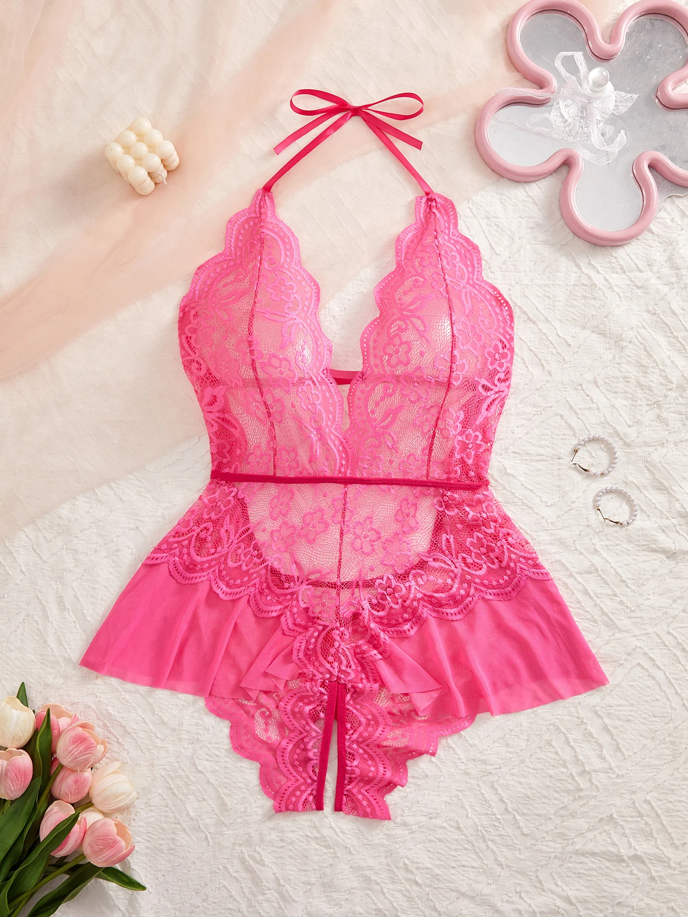 One Piece Crotchless Backless Underwear Transparent Lace Hollow Out Bodysuit Sexy Lingerie For Women Nightgown Erotic Clothing