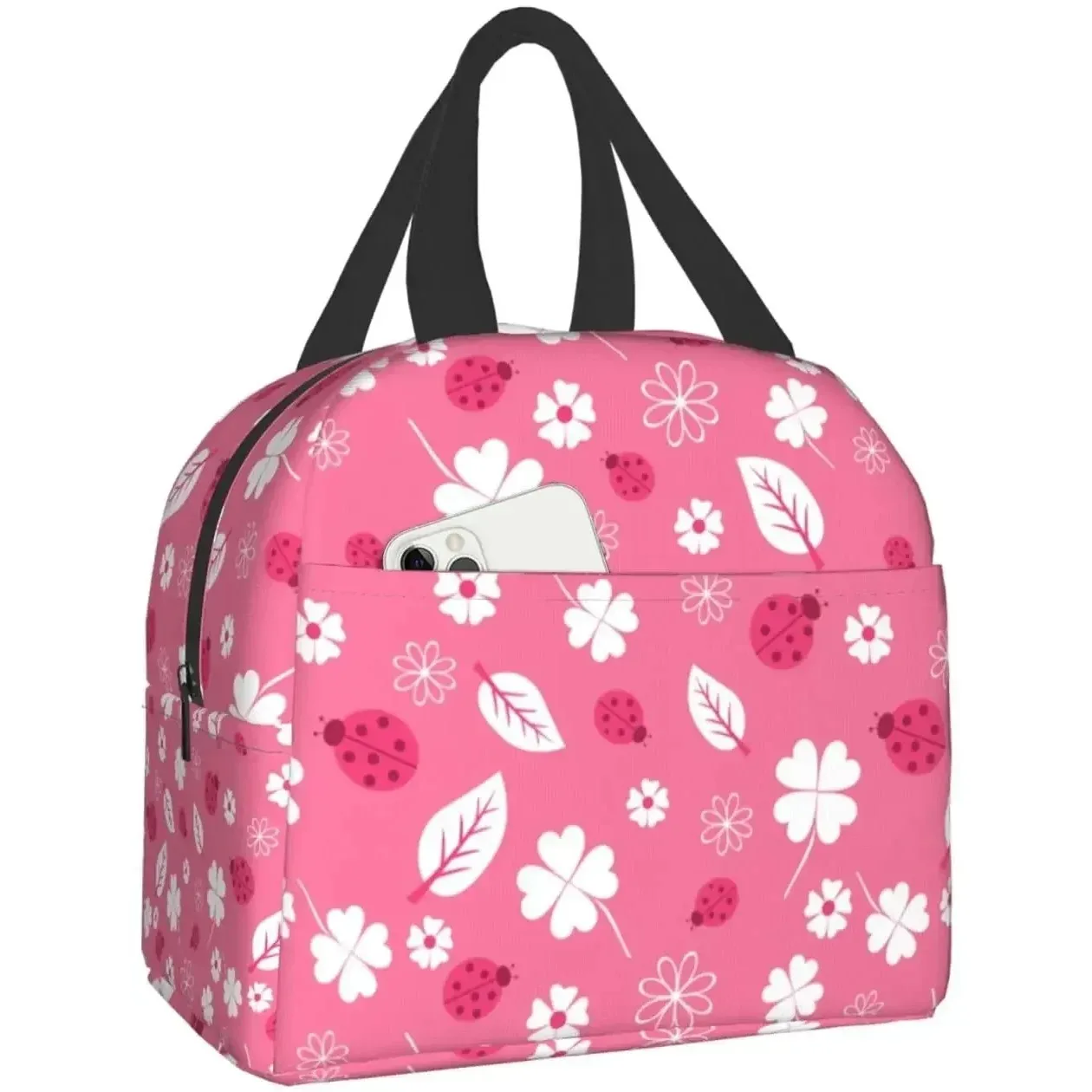 Ladybugs and flowers Lunch Box Bento Box Insulated Lunch Boxes Reusable Waterproof Lunch Bag With Front Pocket For Picnic Hiking