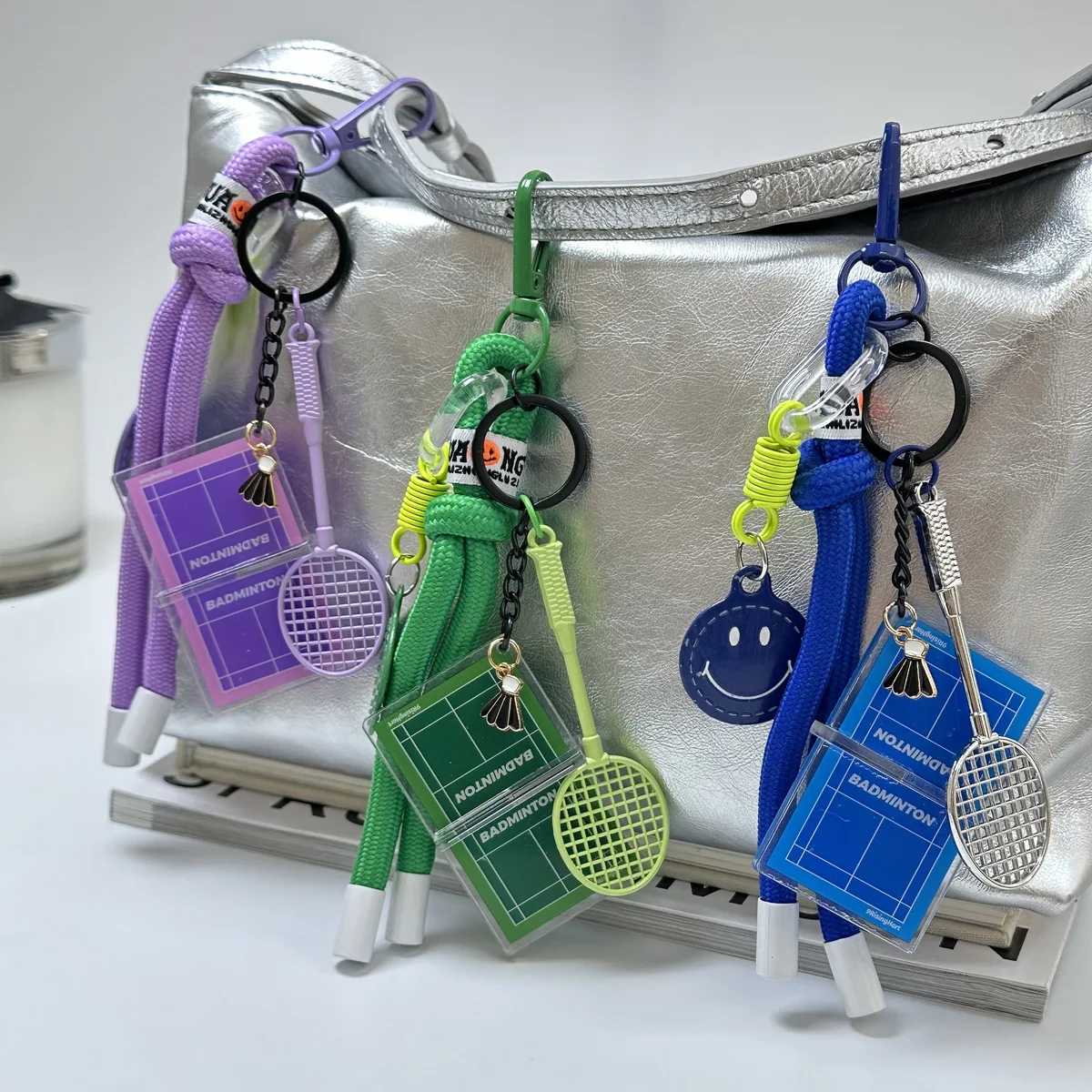 Acrylic Badminton Net Keychain Smiling Face Woven Rope Bag Pendant Accessory Alloy Racket Ornaments Sport Style