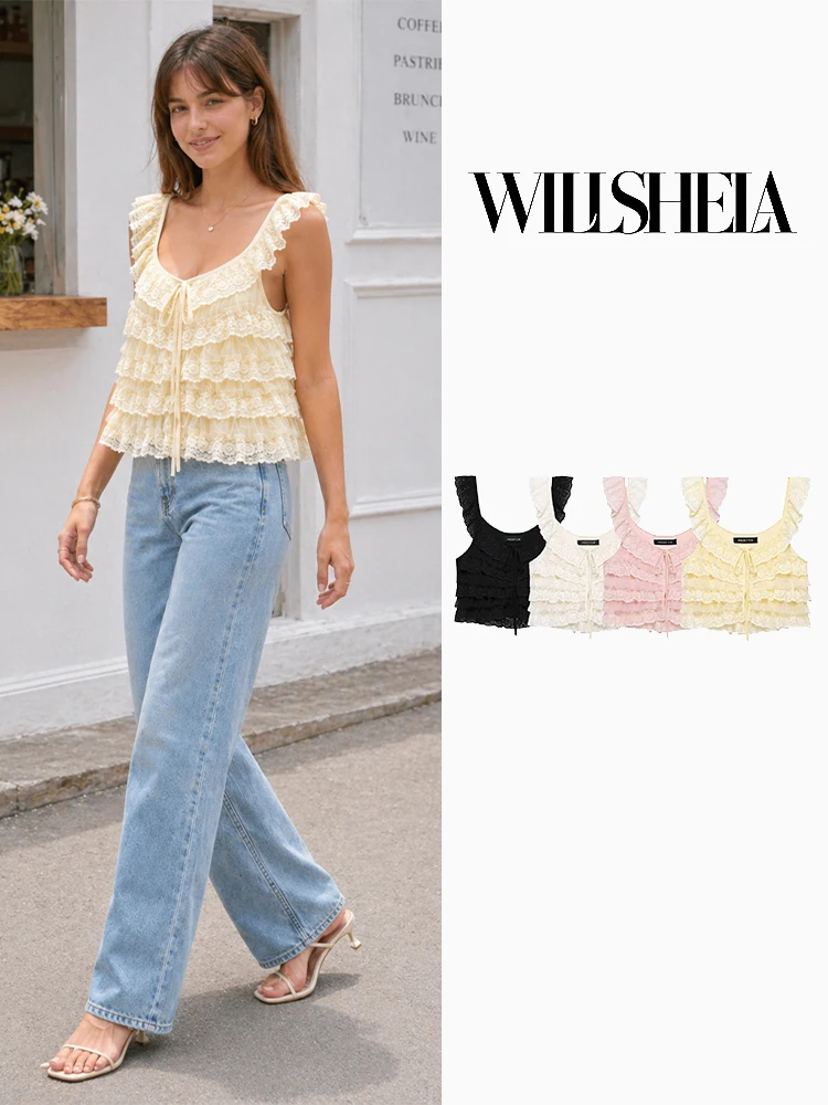 Willshela Women Fashion Solid Lace Up Ruffled Backless Tank Tops Vintage Square Collar Sleeveless Female Chic Lady Tops