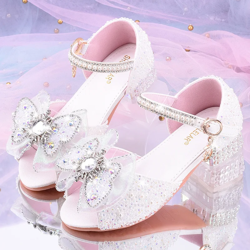 Summer Low Heel Princess Shoes for Girls Crystal Elegant Children's Footwear for Kindergarten Campus Evening Dresses