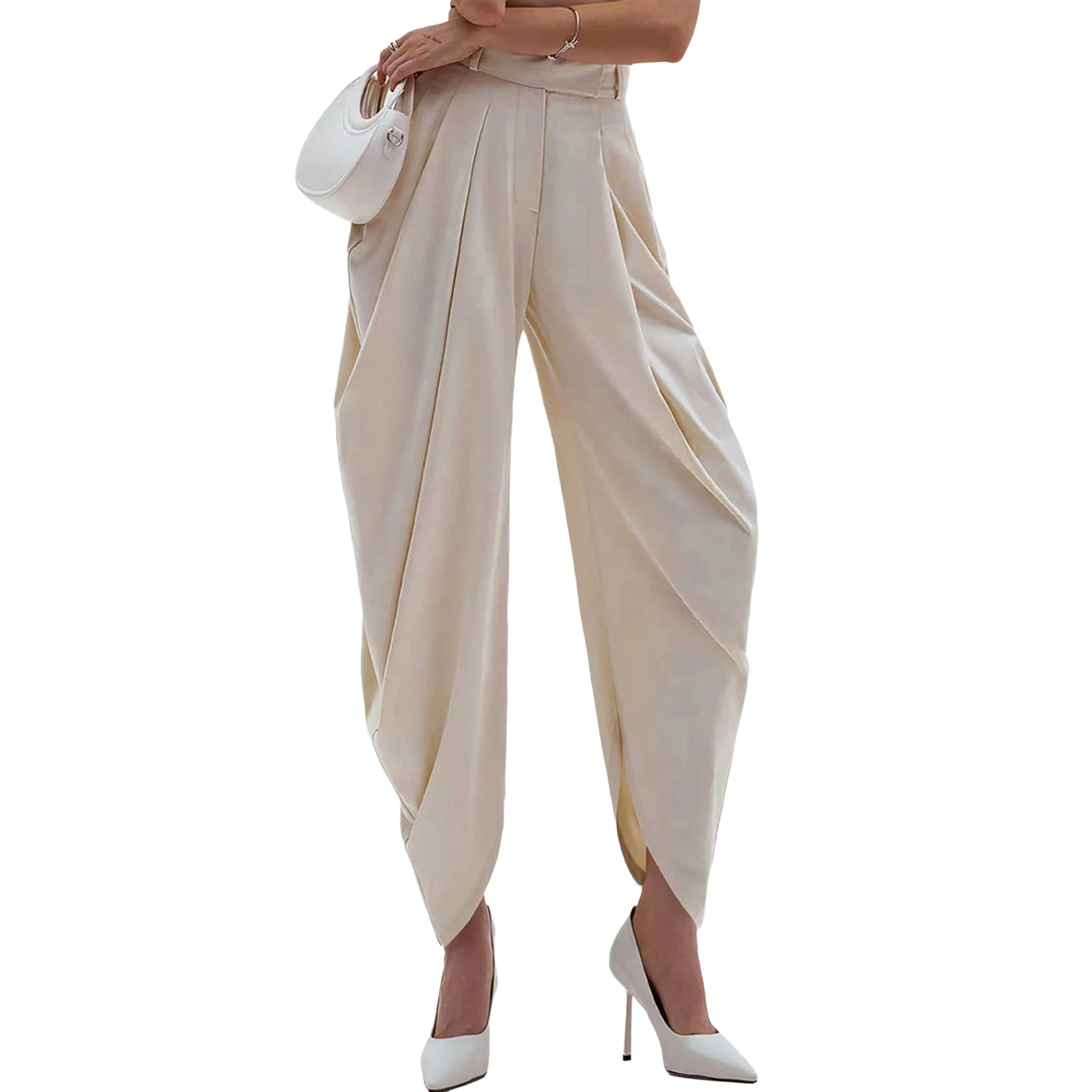 여성용 우아한 블루머 바지 앞주름 디테일 루즈핏 솔리드 컬러 배럴 팬츠 롱 팬츠 오피스 휴가용