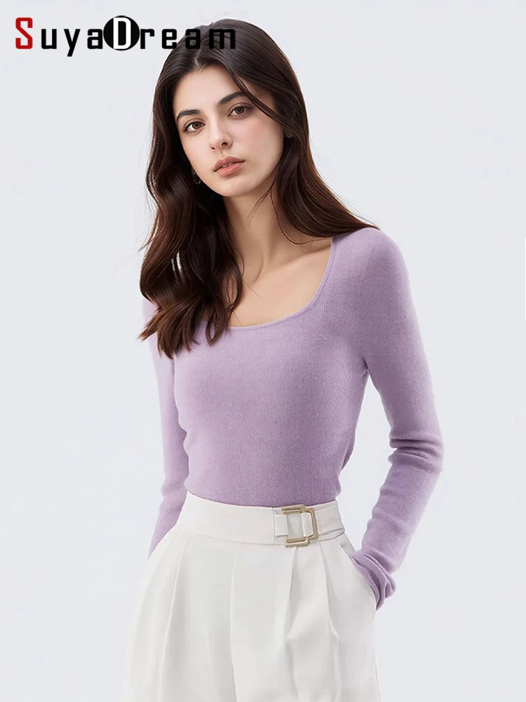 SuyaDream, Machine Washable Seamless Fine 100% Wool Sweater Women Square Neck Clavicle Exposed Knit Pullover Warm Base Layer Top