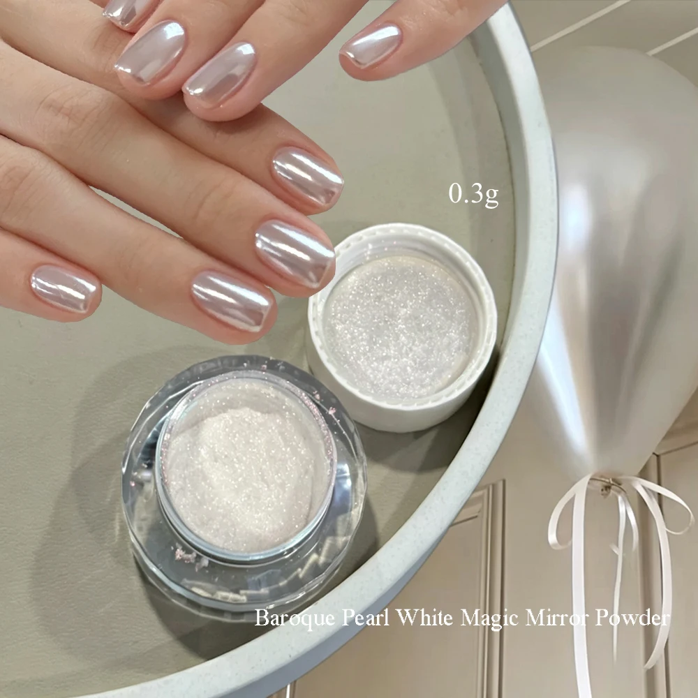 1jar 0.3g Baroque Pearl White Magic Mirror Powder Ultra Bright Fine Silver White Nail Chrome Pigment Pearl Dust DIY Manicure Dec