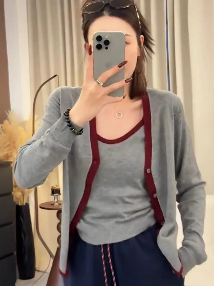 

Осенний новый цветной жилет с ремешками, повседневный женский комплект из двух предметов на одной пуговице, внутренняя одежда, длинный вязаный жилет...