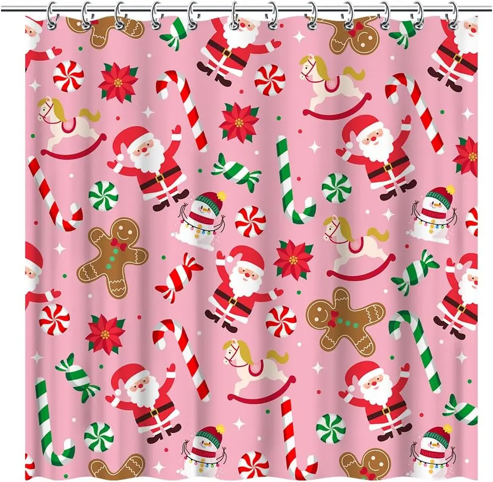 Christmas Gingerbread Man Santa Claus Pink Shower Curtain Candy Cane Snowman Pattern Santa Party Decorations Waterproof Fabric