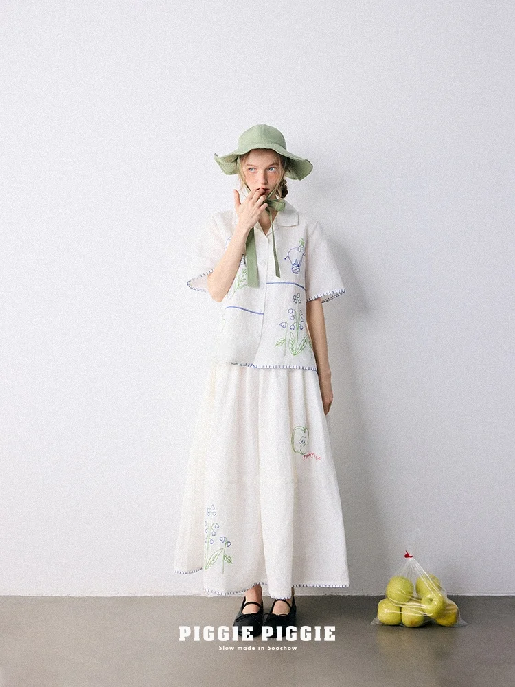

Plant-Based Piggie Piggie Japanese Style Heavyweight Short-Sleeve Embroidered Linen Cotton Shirt Half-Skirt Women's Summer Fa...