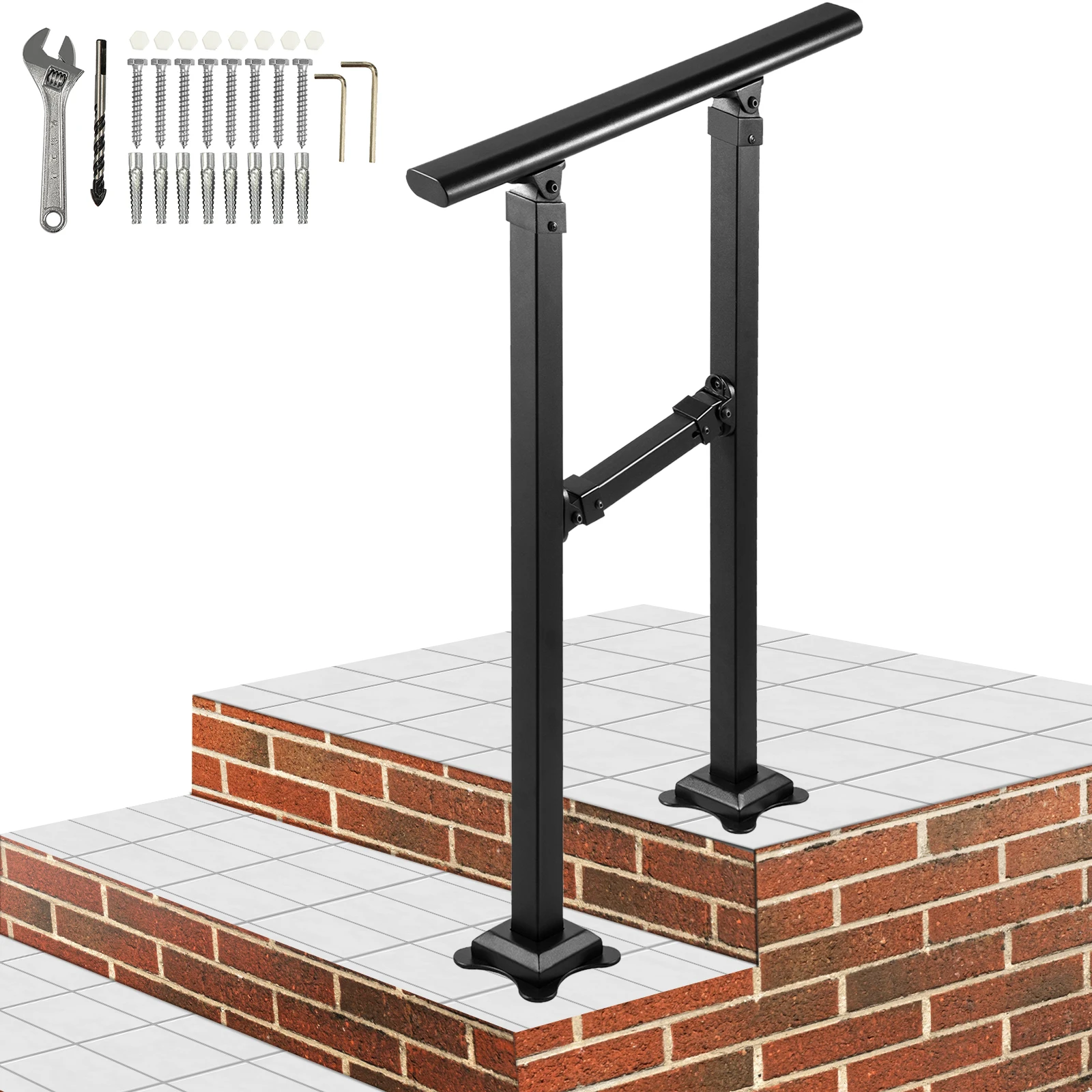 VEVOR Iron Handrail Stair Railing Hand Rail Kit 0/1 to 2/3/4 Steps Outdoor Black w/ Bars Building & Hardware Home Improvement