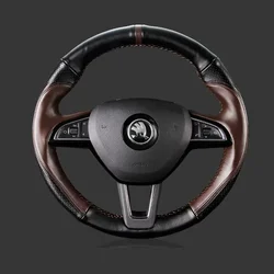 Customized Hand Sewing Braid Car Steering Wheel Cover for Skoda Superb Rapid Genuine Leather Car Interior Accessories Black
