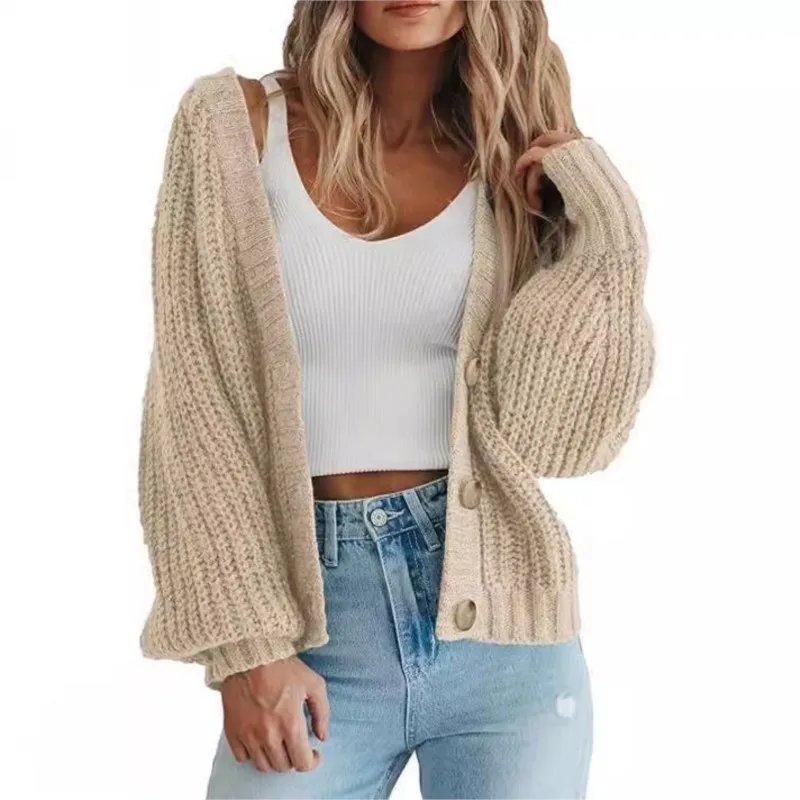 

Button Up Cardigan Loose Knit Jacket Autumn Winter Women's Casual Solid Color Lantern Sleeve Long Sleeved Sweater Pulls Femmes
