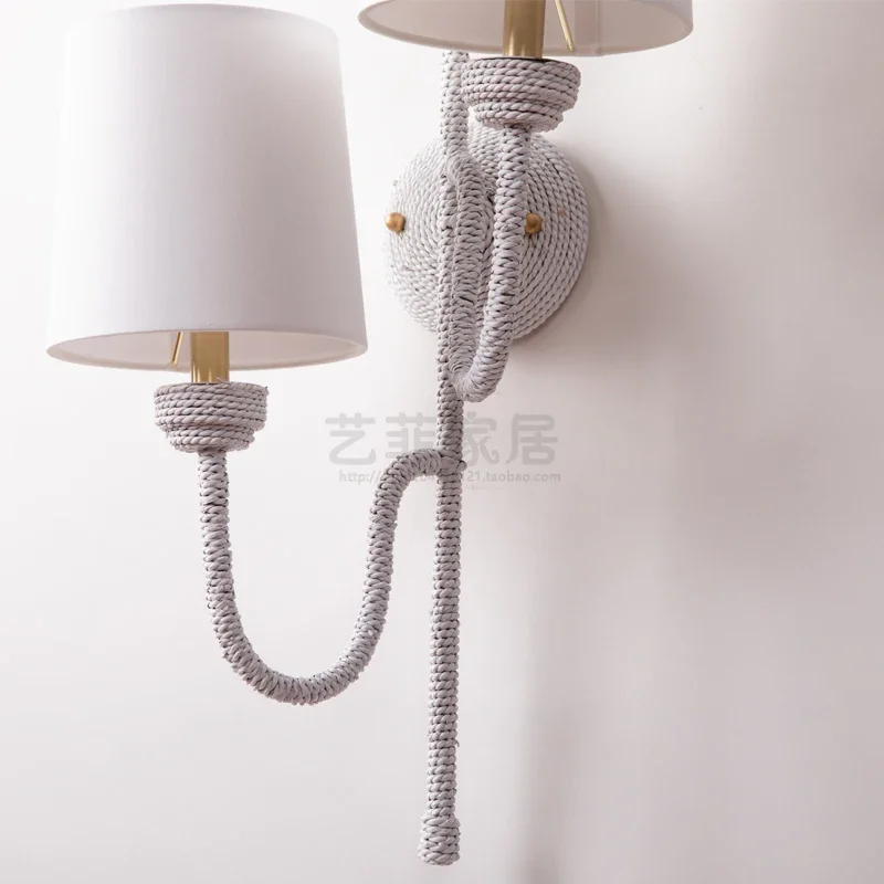 American retro woven straw rope branch living room wall lamp  rural hotel bedroom wall lamp