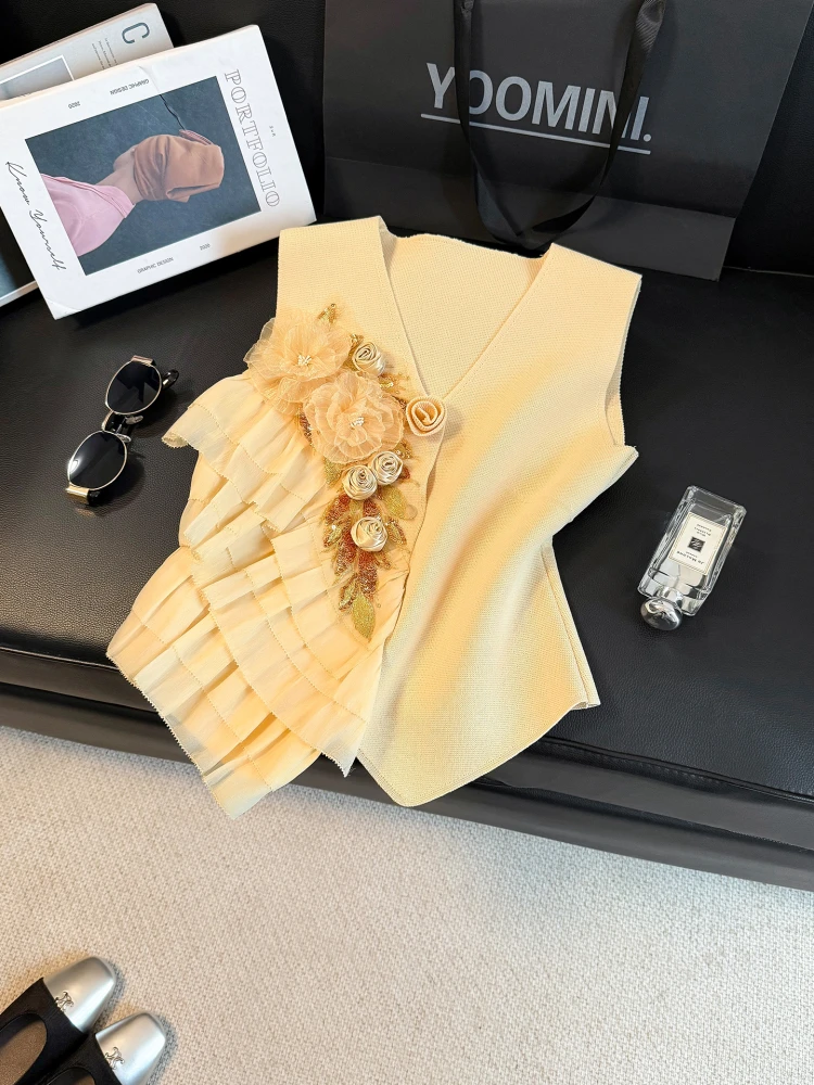 

New yellow patchwork sequin flower vest back romantic socialite style high-end top