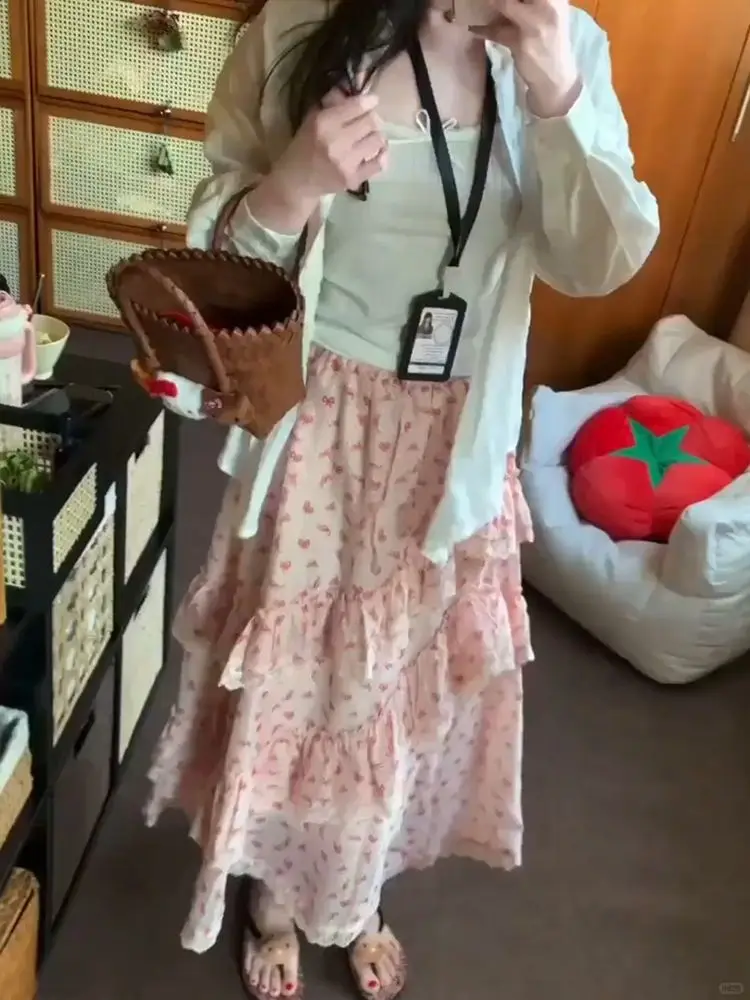 Dopamine Pink Bow Print Summer Skirt Sweet Girl Elegant High-waisted Panels Design Cake Maxi Skirt Korea Chic Casual Outfits New