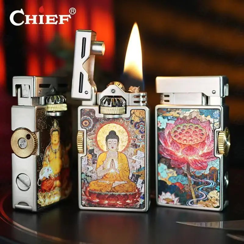 Chief Retro Kerosenes Lighter Windproof Side-Slip Grinding Wheel Exquisite Relief Tang Grass Line High-End Men's Gadget Gift