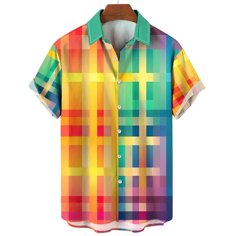 Cool Hawaiian Rainbow Colorful Plaid Shirt For Man Oversized 3d Fashion Causal Short Sleeve Simple Button Beach Clothing Summer