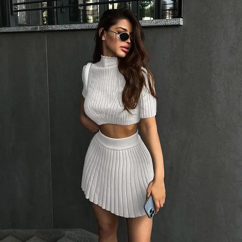 Knitted Skirt Two Piece Set Women Slim Short Sleeved Cropped Tops High Waist Sexy Mini Pleated Skirt Sets Fashions Elegant Party