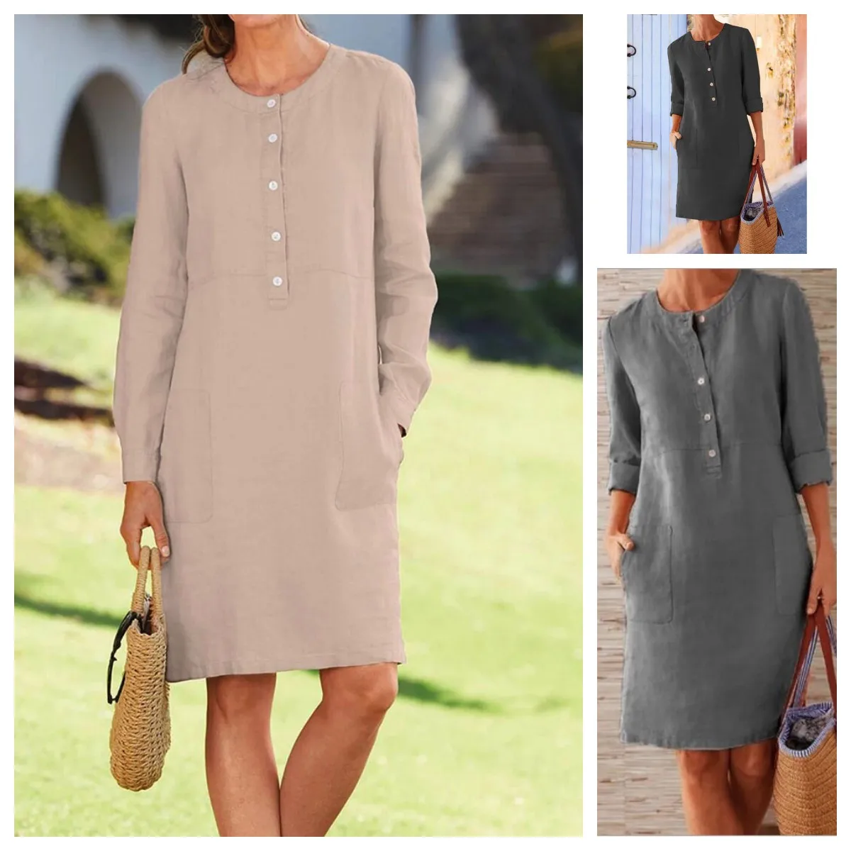 Frauen Bequeme Casual Baumwolle Leinen Kleider 2025, Herbst Einfarbig Seite Taschen Kleid Weibliche O Neck Pullover Langarm Kleid