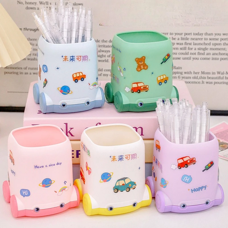Creative Cute Cartoon Car Pencil Holder Student Desk Organizer Large Capacity Pen Storage Box with DIY Sticker Office Decor Gift