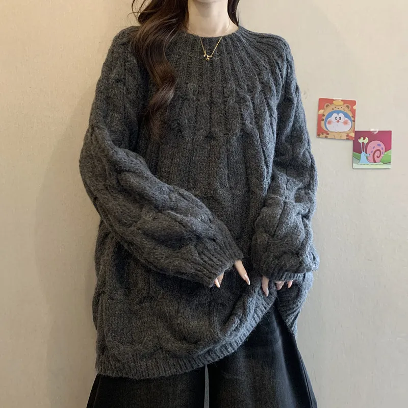 

Women Fall Winter Cable Knit Sweater Loose Lazy Long Sleeve O Neck Pullover Fashion Casual Preppy Style Solid Harajuku Y2K Top